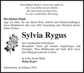 Traueranzeige von Sylvia Rygus  von Magdeburger Volksstimme