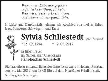 Traueranzeige von Sylvia Schliestedt (geb. Wienke)  von Magdeburger Volksstimme