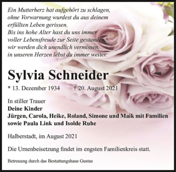 Traueranzeige von Sylvia Schneider  von Magdeburger Volksstimme