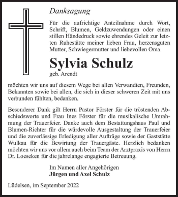 Traueranzeige von Sylvia Schulz (geb. Arendt)  von Magdeburger Volksstimme
