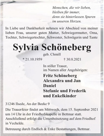 Traueranzeige von Sylvia Schöneberg (geb. Chmill)  von Magdeburger Volksstimme