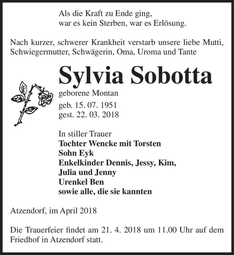  Traueranzeige für Sylvia Sobotta (geb. Montan)  vom 14.04.2018 aus Magdeburger Volksstimme