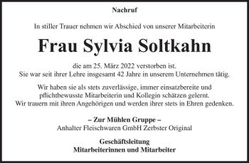 Traueranzeige von Sylvia Soltkahn  von Magdeburger Volksstimme