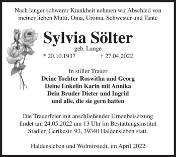 Traueranzeige von Sylvia Sölter (geb. Lange)  von Magdeburger Volksstimme