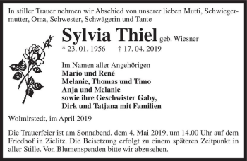 Traueranzeige von Sylvia Thiel (geb. Wiesner)  von Magdeburger Volksstimme