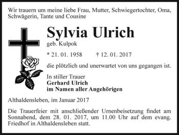 Traueranzeige von Sylvia Ulrich (geb. Kulpok)  von Magdeburger Volksstimme