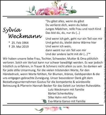 Traueranzeige von Sylvia Weckmann  von Magdeburger Volksstimme