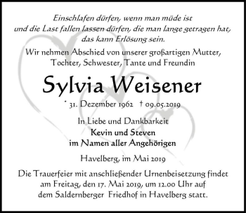 Traueranzeige von Sylvia Weisener  von Magdeburger Volksstimme