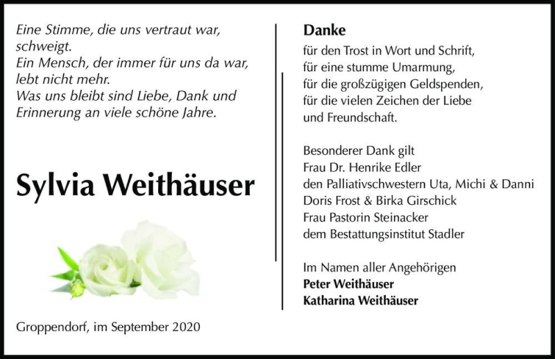  Traueranzeige für Sylvia Weithäuser  vom 12.09.2020 aus Magdeburger Volksstimme