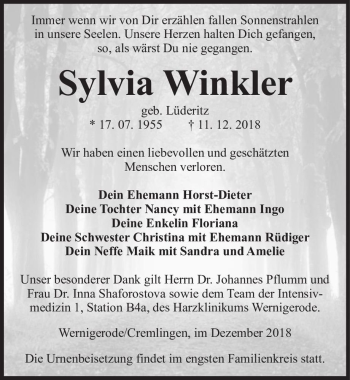 Traueranzeige von Sylvia Winkler (geb. Lüderitz)  von Magdeburger Volksstimme