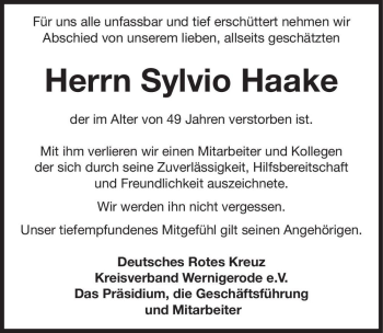 Traueranzeige von Sylvio Haake  von Magdeburger Volksstimme