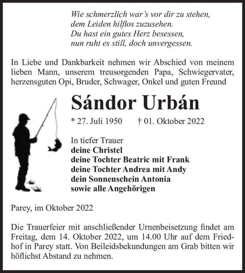  Traueranzeige für Sándor Urbán  vom 08.10.2022 aus Magdeburger Volksstimme