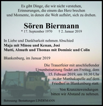 Traueranzeige von Sören Biermann  von Magdeburger Volksstimme