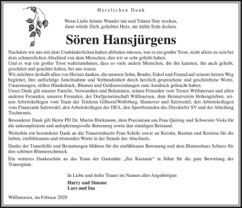 Traueranzeige von Sören Hansjürgens  von Magdeburger Volksstimme