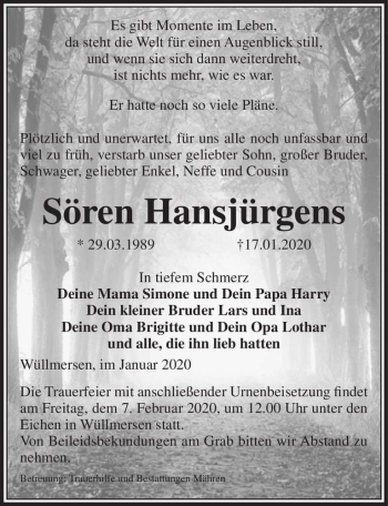 Traueranzeige von Sören Hansjürgens  von Magdeburger Volksstimme
