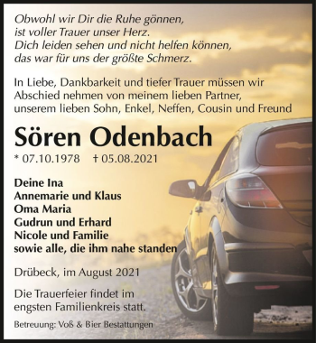 Traueranzeige von Sören Odenbach  von Magdeburger Volksstimme