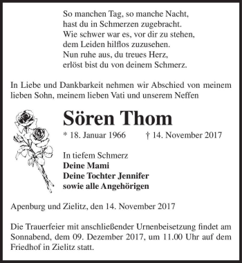 Traueranzeige von Sören Thom  von Magdeburger Volksstimme