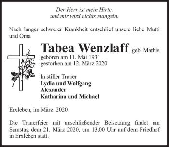 Traueranzeige von Tabea Wenzlaff (geb. Mathis)  von Magdeburger Volksstimme