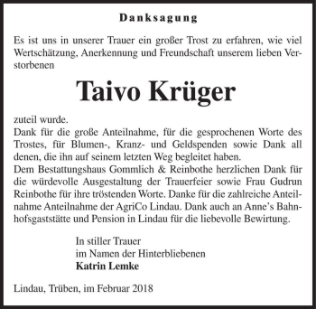Traueranzeige von Taivo Krüger  von Magdeburger Volksstimme