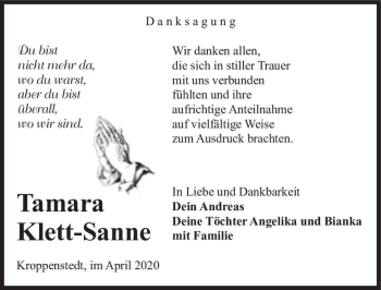 Traueranzeige von Tamara Klett-Sanne  von Magdeburger Volksstimme