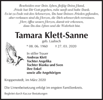 Traueranzeige von Tamara Klett-Sanne (geb. Laabsch)  von Magdeburger Volksstimme