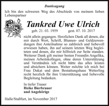 Traueranzeige von Tankred Uwe Ulrich  von Magdeburger Volksstimme