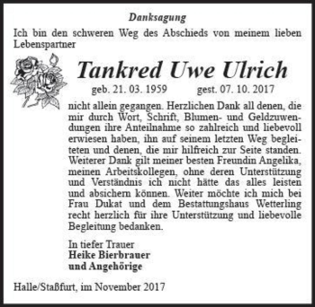 Traueranzeige von Tankred Uwe Ulrich  von Magdeburger Volksstimme