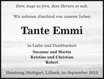 Traueranzeige von Tante Emmi  von Magdeburger Volksstimme