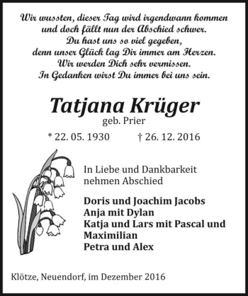 Traueranzeige von Tatjana Krüger (geb. Prier)  von Magdeburger Volksstimme