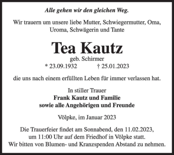 Traueranzeige von Tea Kautz (geb. Schirmer)  von Magdeburger Volksstimme