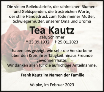Traueranzeige von Tea Kautz (geb. Schirmer)  von Magdeburger Volksstimme
