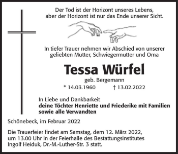 Traueranzeige von Tessa Würfel (geb. Bergemann)  von Magdeburger Volksstimme