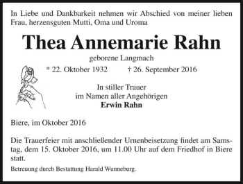 Traueranzeige von Thea Annemarie Rahn (geb. Langmach)  von Magdeburger Volksstimme