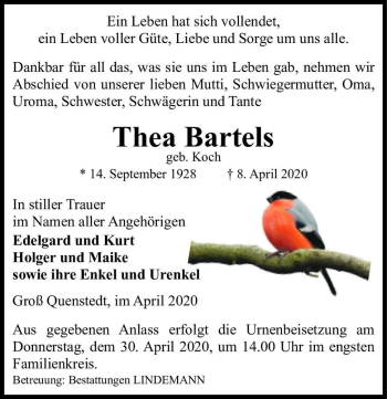Traueranzeige von Thea Bartels (geb. Koch)  von Magdeburger Volksstimme