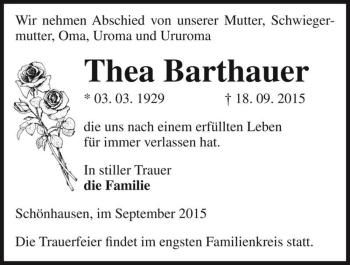 Traueranzeige von Thea Barthauer  von Magdeburger Volksstimme