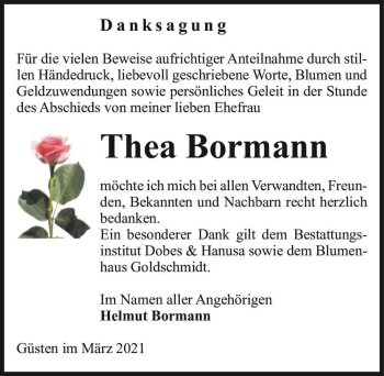 Traueranzeige von Thea Bormann  von Magdeburger Volksstimme