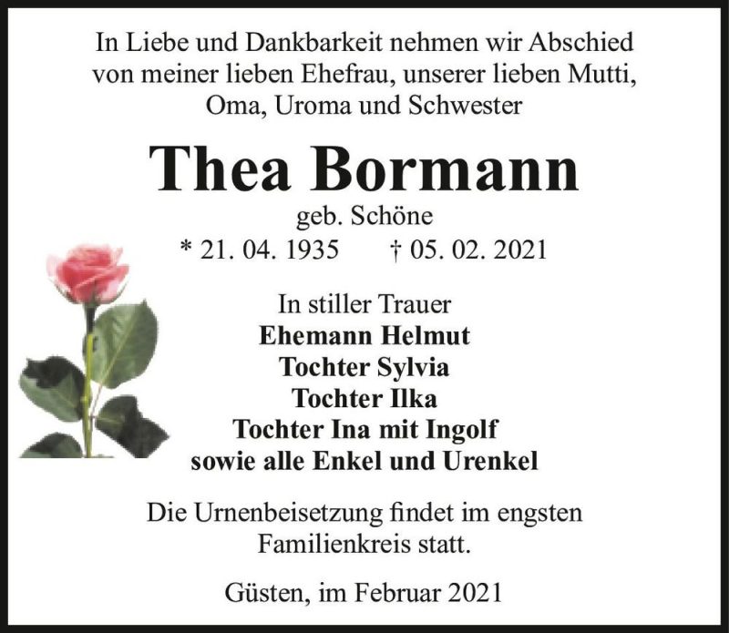  Traueranzeige für Thea Bormann (geb. Schöne)  vom 13.02.2021 aus Magdeburger Volksstimme