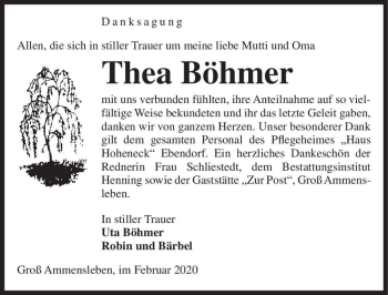 Traueranzeige von Thea Böhmer  von Magdeburger Volksstimme