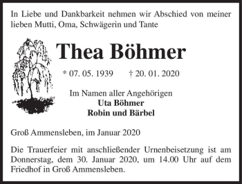 Traueranzeige von Thea Böhmer  von Magdeburger Volksstimme