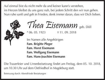 Traueranzeige von Thea Eisemann (geb. Döll)  von Magdeburger Volksstimme
