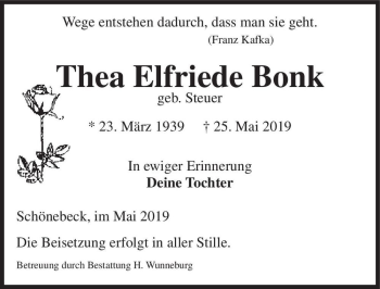 Traueranzeige von Thea Elfriede Bonk (geb. Steuer)  von Magdeburger Volksstimme