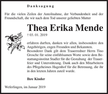 Traueranzeige von Thea Erika Mende  von Magdeburger Volksstimme