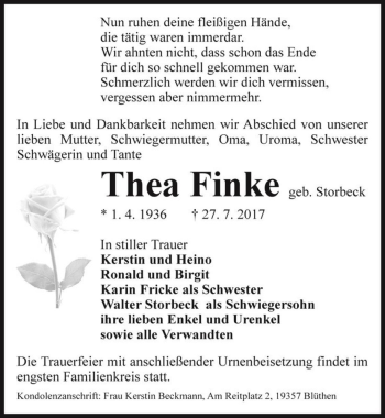 Traueranzeige von Thea Finke (geb. Storbeck)  von Magdeburger Volksstimme