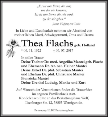 Traueranzeige von Thea Flachs (geb. Holland)  von Magdeburger Volksstimme