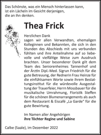 Traueranzeige von Thea Frick  von Magdeburger Volksstimme
