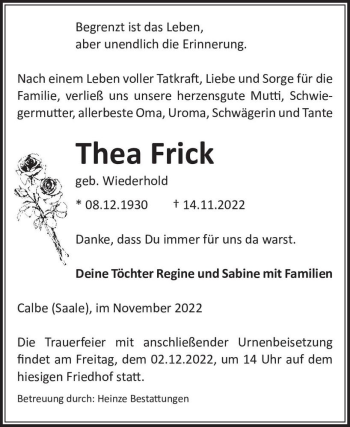 Traueranzeige von Thea Frick (geb. Wiederhold)  von Magdeburger Volksstimme