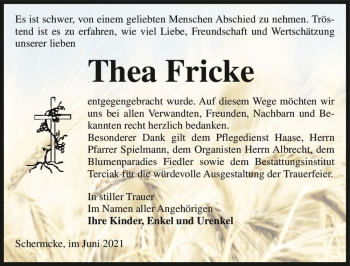 Traueranzeige von Thea Fricke  von Magdeburger Volksstimme