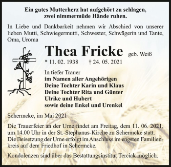 Traueranzeige von Thea Fricke (geb. Weiß)  von Magdeburger Volksstimme