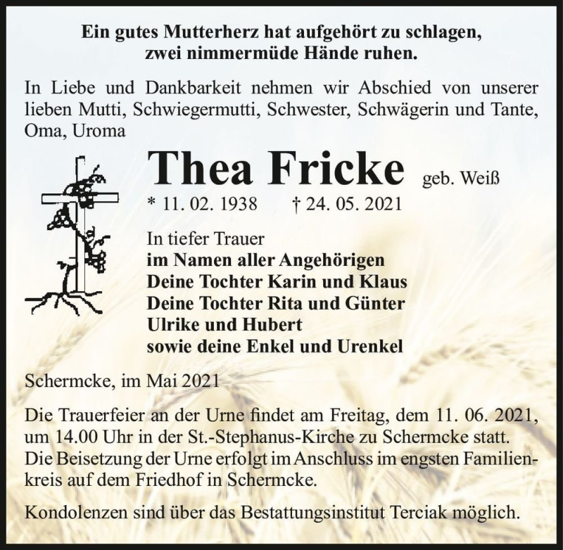  Traueranzeige für Thea Fricke (geb. Weiß)  vom 29.05.2021 aus Magdeburger Volksstimme