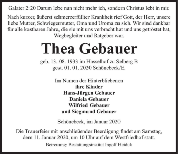 Traueranzeige von Thea Gebauer  von Magdeburger Volksstimme